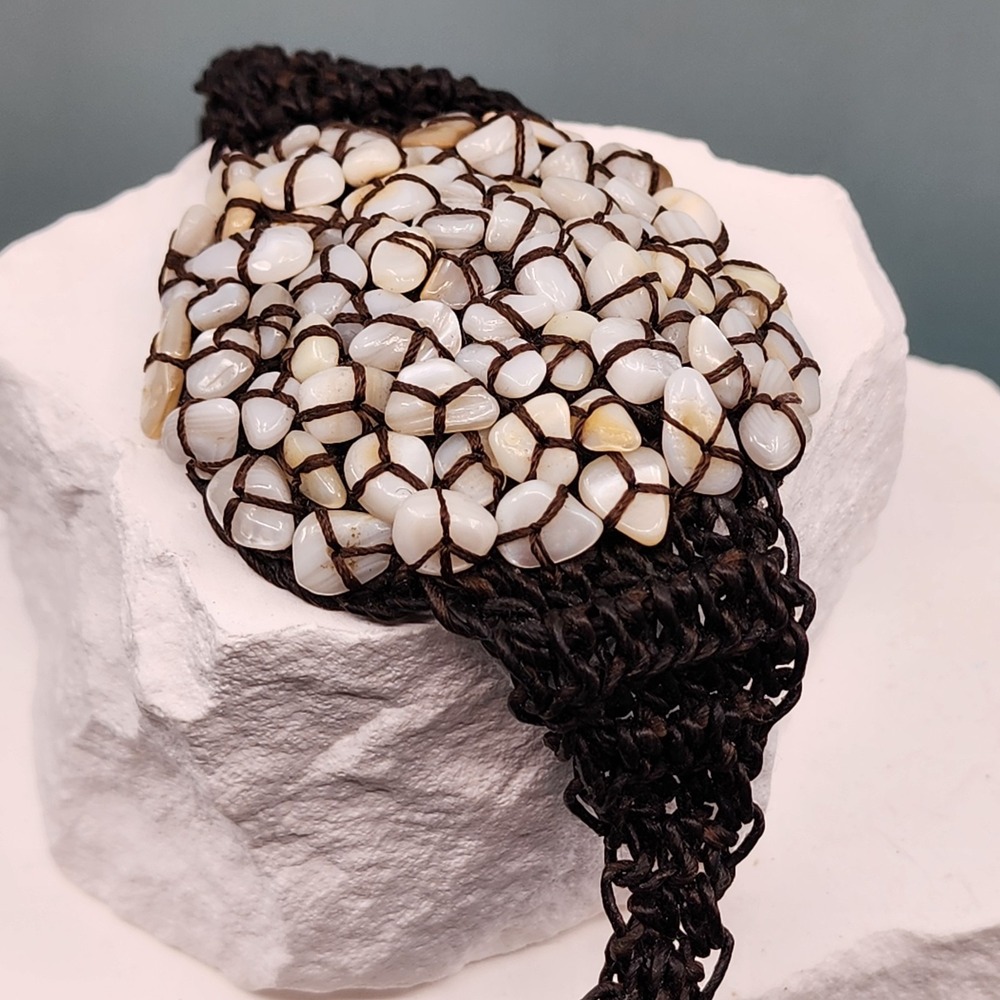 Mother of Pearl Shell Chip Wide Cuff Bracelet Brown Woven Boho Coastal Statement